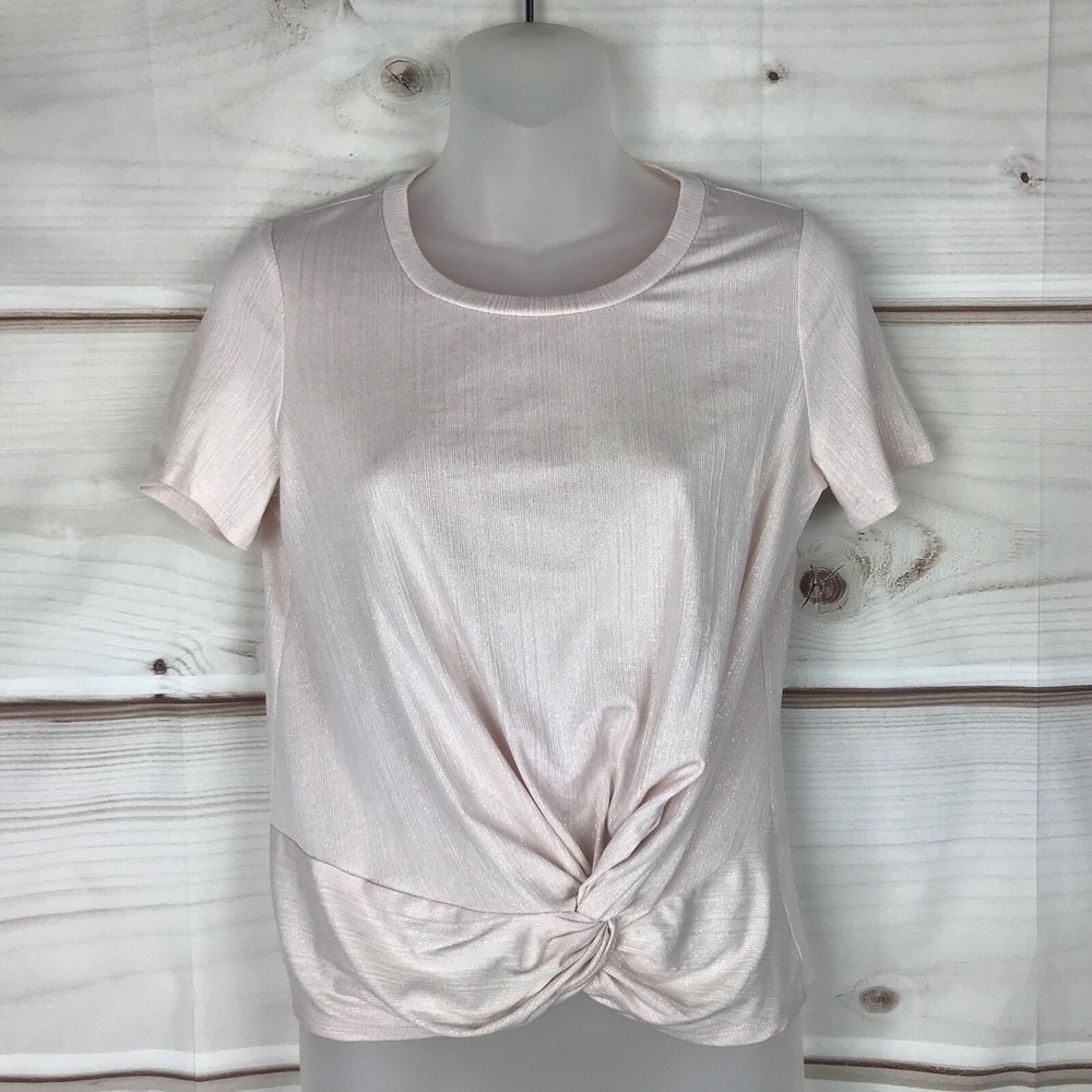 Love Fire Top Juniors M Pink Metallic T-Shirt Twist-Front Crew Neck Short Sleeve